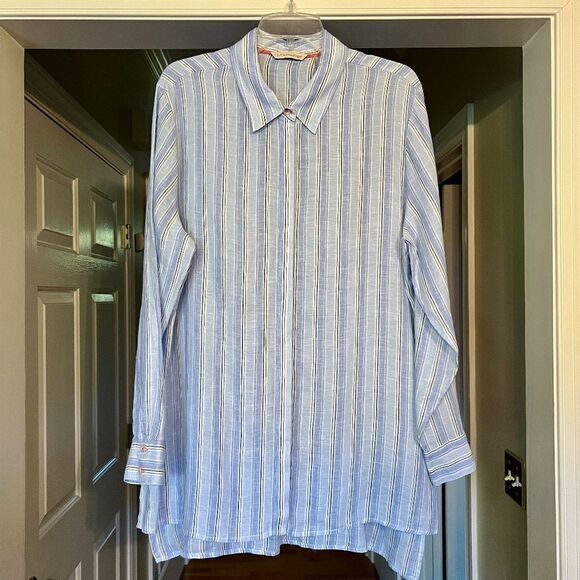Soft Surroundings Longer Linen Tunic Top Blouse Shirt Blue White Stripe Size XL - Picture 1 of 2